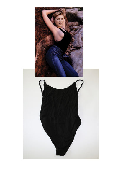 Beau's black one-piece worn in her photo shoot for STRIPLV Magazine